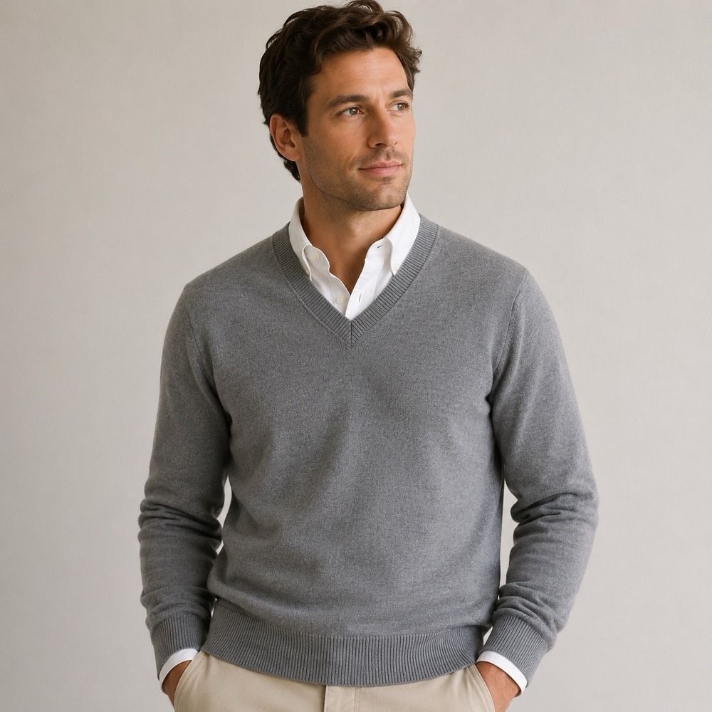 Banana Republic Extra Fine Merino Wool Sweater Mens Large Gray V-Neck Pullover